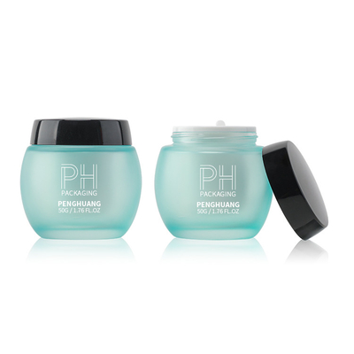 Conteneur facial bleu en verre givré fait sur commande de luxe de crème du pot 30g 50g 120g de crème avec le chapeau