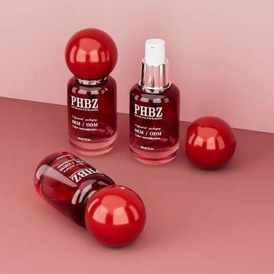 Flacon cosmétique vide en verre dégradé rouge de 30 ml / 1 oz avec bouchon à bille ronde, emballage de soins de la peau personnalisé couleur OEM ODM pour lotion et huile essentielle