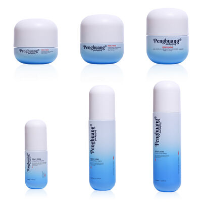 Ensemble d'emballages cosmétiques en verre offrant une surface de manipulation par sérigraphie avec logo personnalisé et personnalisation des couleurs