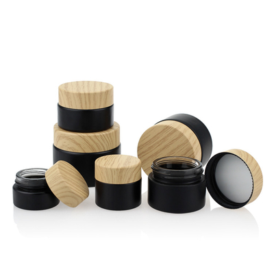 Ensemble d'emballages cosmétiques en bambou couleur bouchon à vis noir mat pots en verre 50g