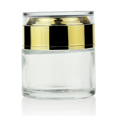 Haut pot blanc de crème en verre 50g givré avec le couvercle acrylique de luxe d'or