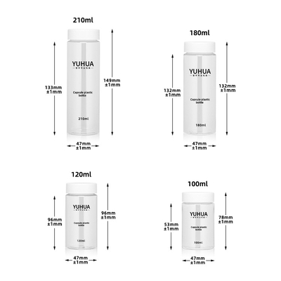Bouteille en plastique cylindrique claire avec le chapeau blanc 210ml 120ml