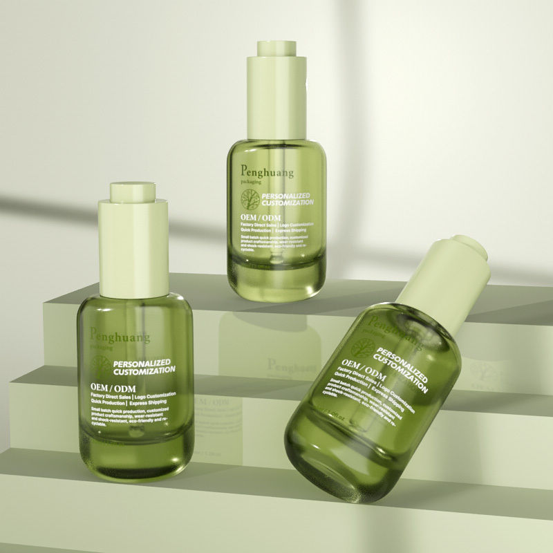 Bouteilles de gouttelette de sérum en verre personnalisées 30 ml Bouteille en verre d'huile de Hiar verte avec gouttelette de pression