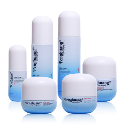 Ensemble d'emballages cosmétiques en verre offrant une surface de manipulation par sérigraphie avec logo personnalisé et personnalisation des couleurs