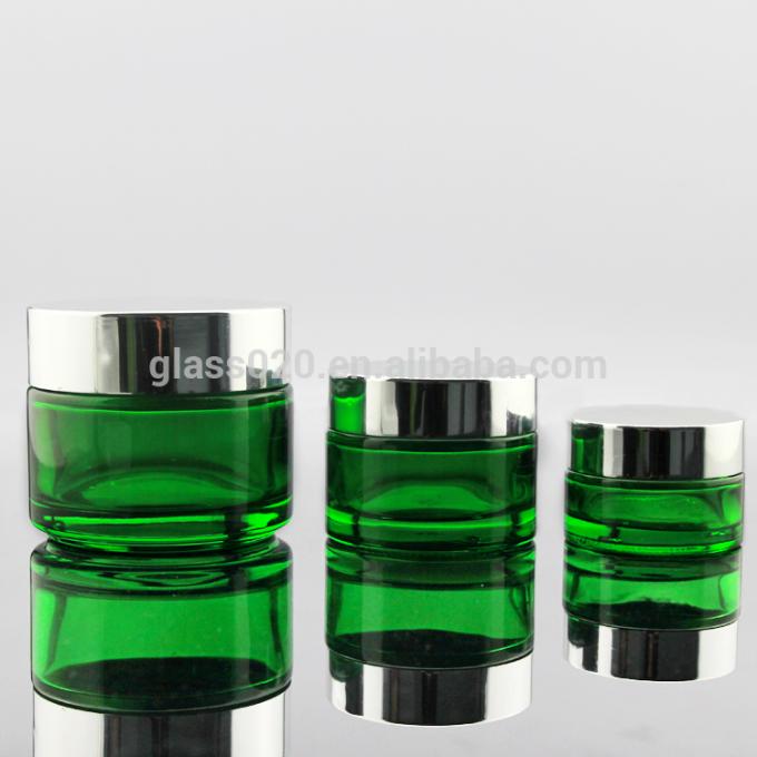 En gros pot 5 10 15 20 30 50 100g crème cosmétique en verre vert vide avec le couvercle argenté